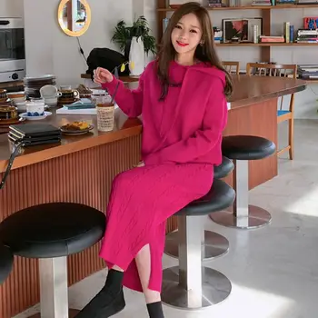 

Korean Women Knit Two Piece Set Winter Hooded Knitted Warm Sweater And Long Bodycon Split Skirts Set Elegant Female Streetwear