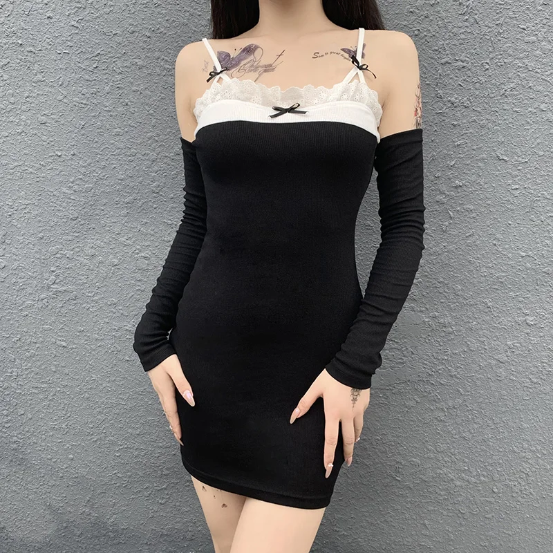 InsGoth Women Gothic Sexy Spaghetti Straps Black Dress Vintage Bow Patchwork High Waist Dress Elegant Party Outfits With Sleeve