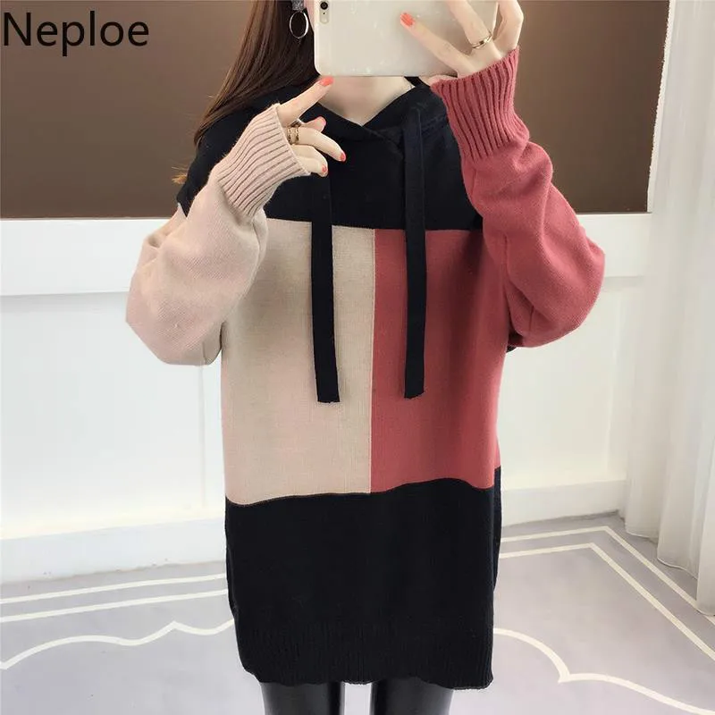 Neploe Pull Femme контрастный цвет женский зимний свитер длинный рукав с капюшоном Теплый трикотаж джемпер трикотажные топы пуловеры 55343