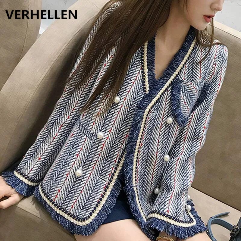VERHELLEN, Harajuku, подиум, синий, белый, твидовый жакет, весна, женский, длинный рукав, v-образный вырез, элегантный, жемчуг, кисточка, кардиган, пальто
