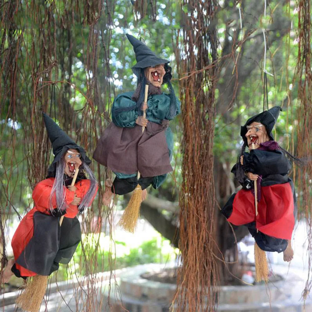 Halloween Hanging Witch Dolls Voice Control Prop Animated Ghost Scary Riding Broom Wall Hang Party Outdoor Home Decoration Toys