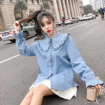 

Heavy work single-breasted beaded doll collar long-sleeved denim shirt female bell sleeve