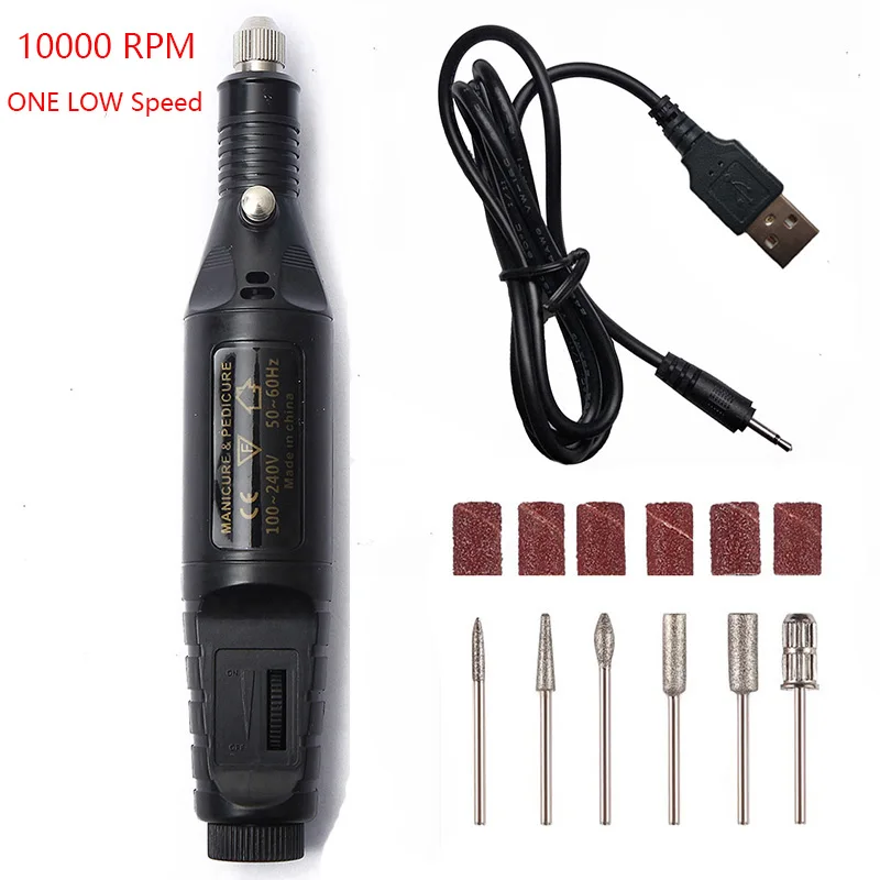 10000 One Sped black 1 комплект, 5 В, USB, один низкоскоростной электрический сверлильный станок для ногтей, маникюрный станок, пилка для дизайна ногтей, инструмент для сверления ногтей, аппарат для педикюра - Цвет: 10000 One Sped black