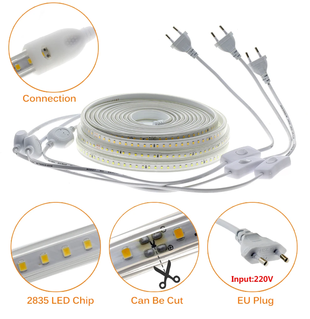220 В Светодиодная лента 2835 Высокая безопасность Высокая яркость 120 светодиодный s/m гибкий светодиодный светильник наружный водонепроницаемый светодиодный светильник