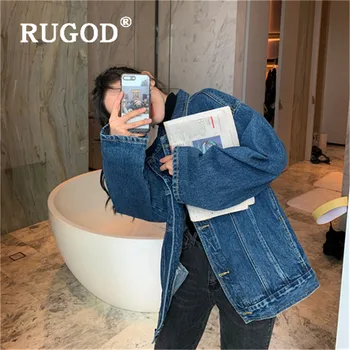 

RUGOD 2019 New Korean Style Single-breasted Simplee Solid Color Fashion Demin Jacket Plus Size Women Turndown Collar