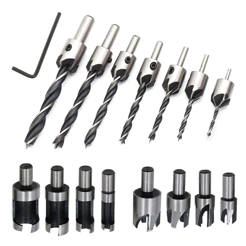 

8 Pieces HSS Taper Claw Type Wood Plug Cutter Drill Bits 5/8 inch 1/2 inch 3/8 inch 1/4 inch + 7 Pieces Countersink Drill Bits S