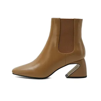 

2021 Elastic Band Women Winter Boots Genuine Leather Square Toe Concise High Heels Pumps Office Lady Shoes Woman