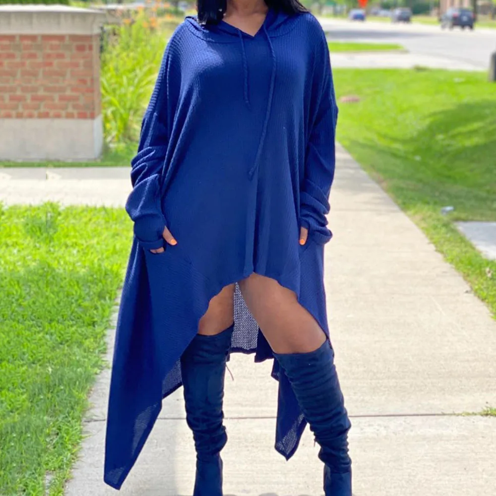 

Autumn African Women Asymmetrical Hoodie Dress Solid Color Black Blue Long Sleeve Hooded Loose Casual Dress Simple Street Wear
