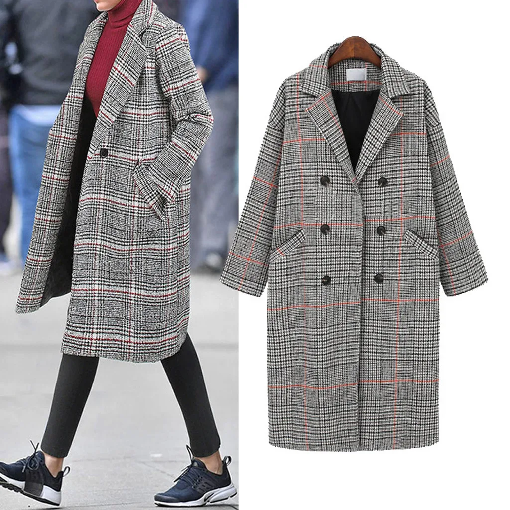 Зима осень элегантные женские корейские офисные женские длинные клетчатые пальто свободные теплые шерстяные смеси Пальто повседневные Ol тренчи пальто J30