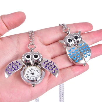 

Vintage BCute Owl Pocket Watch Chain Necklace Pendant Kay Chain Flip Case Watch Hour Clock For Men Women Animals Pocket Watches