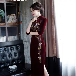 Традиционное велюровое китайское платье, классическое, ручной работы, бисер, Qipao, сексуальное, с высоким разрезом, женское платье-Ципао