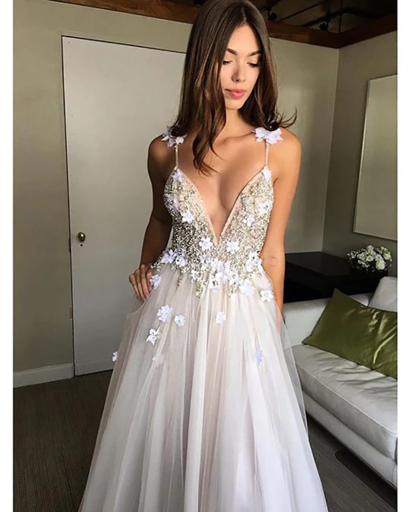 Свадебное платье с цветами белое Vestido de noiva sukienka na wesele глубокий v-образный вырез с нежные аппликации с открытой спиной свадебное платье