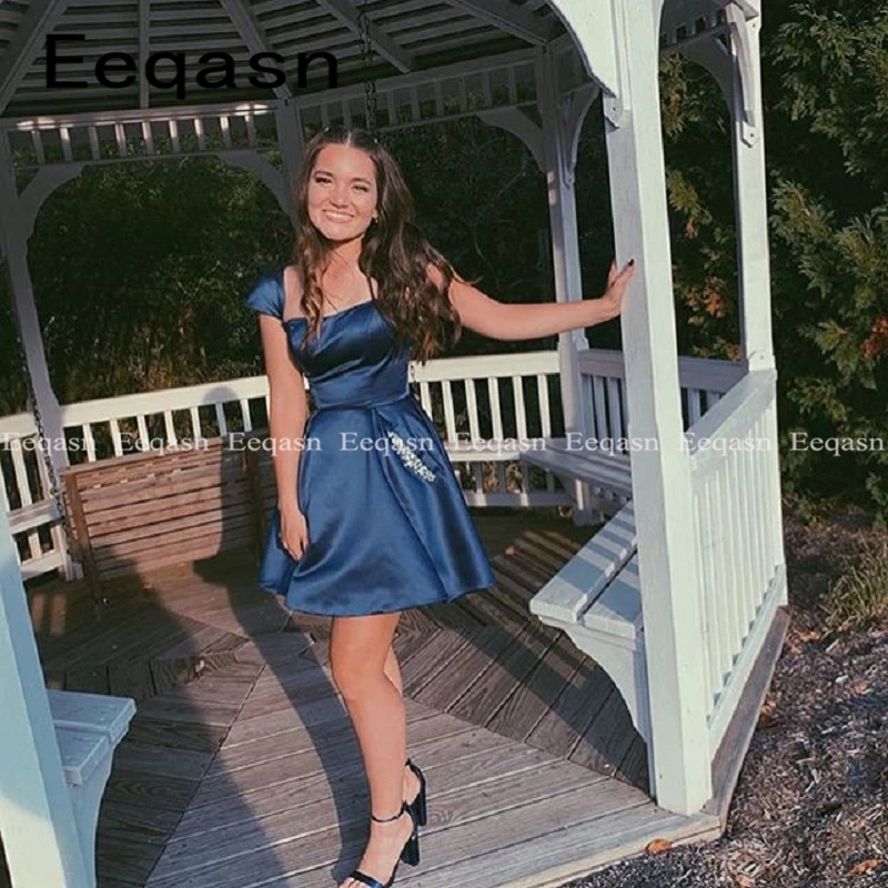 Junior Homecoming Dresses Short Cap Sleeves A-line Satin Backless with Pockets Mini Formal Homecoming Graduation Party