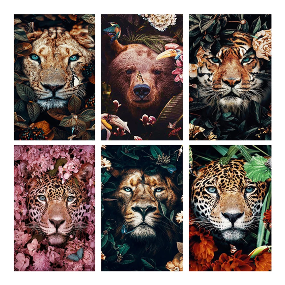 Diamond Embroidery Cross-Stitch Tiger Rhinestones Lion DIY Face--Flowers-Picture LZAIQIZG