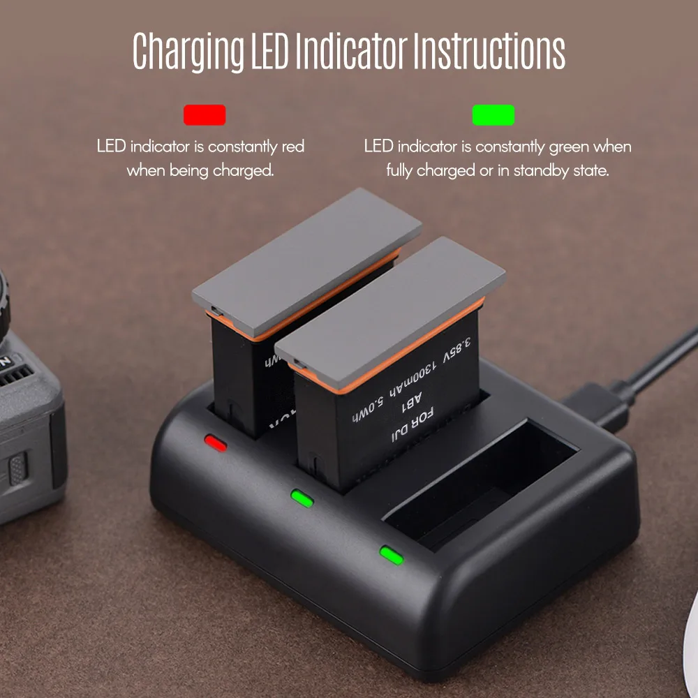 Charging Kit Triple Channel Charger with 2pcs 1300mAh Rechargeable Li-ion Batteries USB Charging for DJI OSMO Action Camera