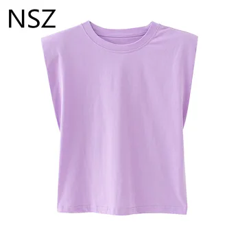 

NSZ women cotton padded shoulder top sleeveless t shirt summer oversized vogue t-shirt basic tee ladies shirt