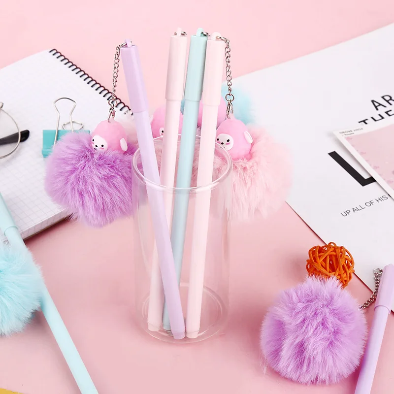 

Kawaii Ball Plush Pendant Pen Cute 0.5 mm black Ink neutral Pen Promotional Gift Stationery School Supplies