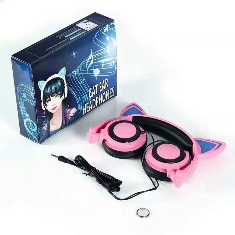 Foldable Safe Wired Kids Gaming Headsets Glowing Cat Ears Headphones 85dB Volume Limited Noise Canceling Wide Compatibility