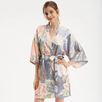 

Silky Bride Bridesmaid Wedding Robe Sexy Satin Female Kimono Bathrobe Gown Print Flower Nightdress Sleepwear Soft Home Clothes