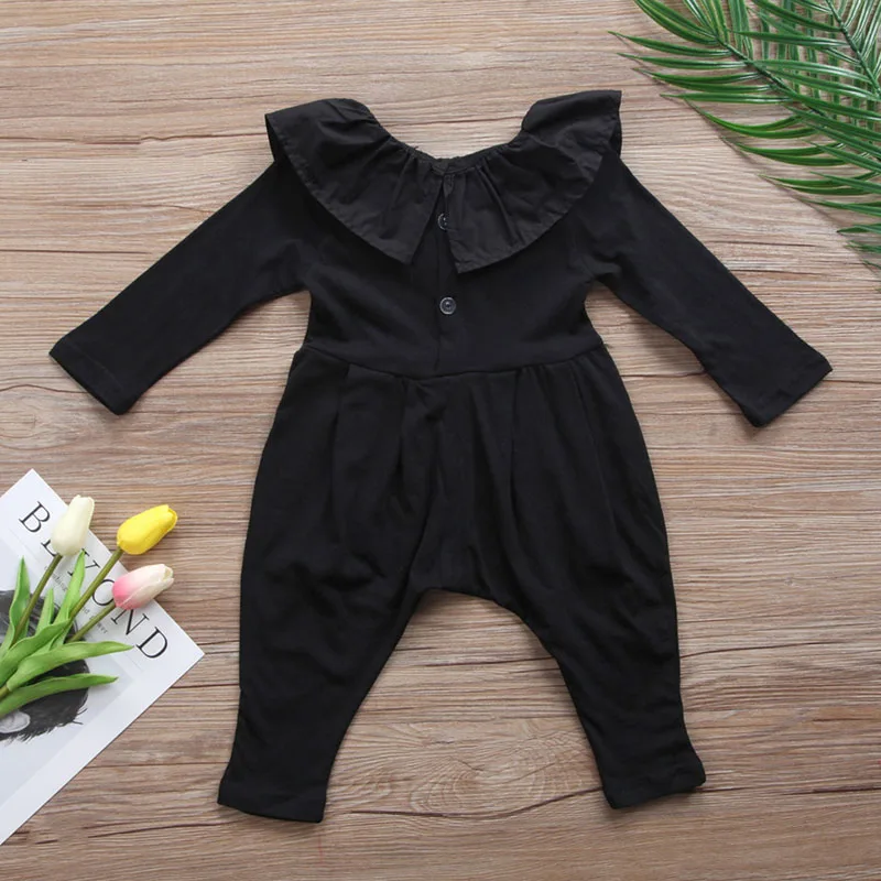 

New Newborn Girl Rompers Clothes Autumn Ruffle Floral Baby Rompers For Girl Black Infant Jumpsuit Toddler Girl Outsuit Spring