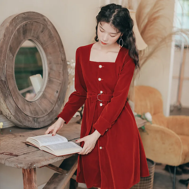 Velour Women A-line MINI Dress Soild Spring Autumn High Waist Single-breasted Belt Femme Mini Dresses Party Long Sleeve Clothes