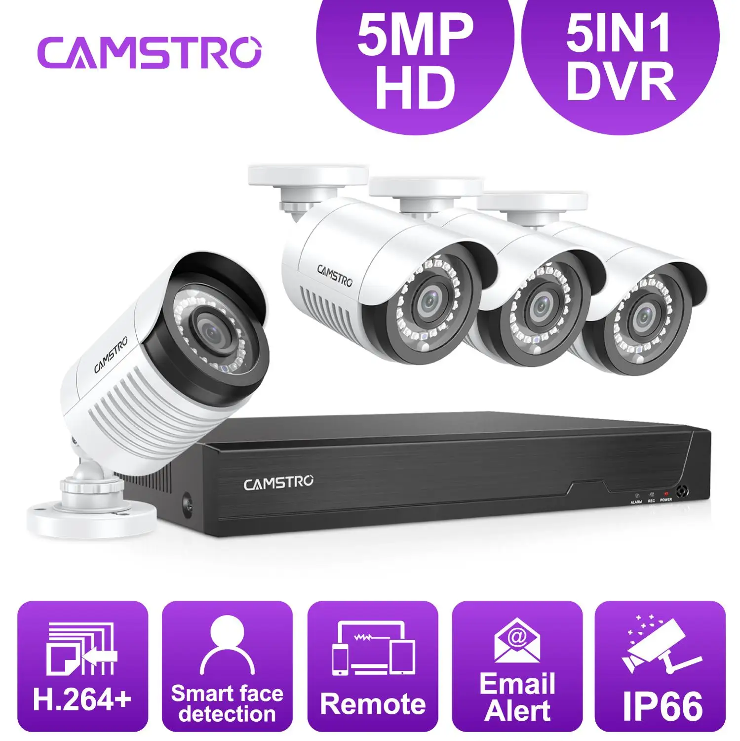 

Camstro 4CH 5-in-1 5MP-N H.264+ DVR CCTV Security System 4PCS 5MP Indoor/Outdoor IP66 Video Surveillance Kit Motion Detection