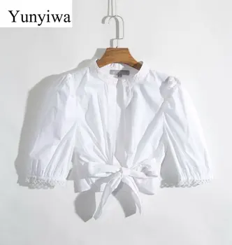 

2020 New White Knotted Long Sleeve Shirt Womens Blouse Vintage Party Shirts Tops Clothing Blusas Mujer