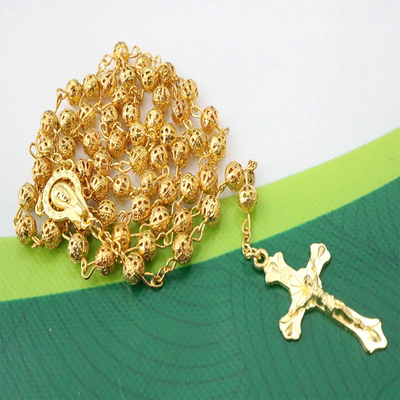 6 мм Кристальное серебряное ожерелье с крестом Премиум серебряное ожерелье с полой бусиной четки, Серебряные бусы ожерелье с крестом