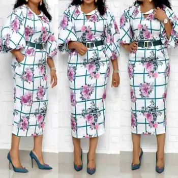 

2019 Autumn Belted Floral High Waist Dress Women Half Sleeve Flared Retro Elegant Long Dresses Vintage Party Office A Line Dress