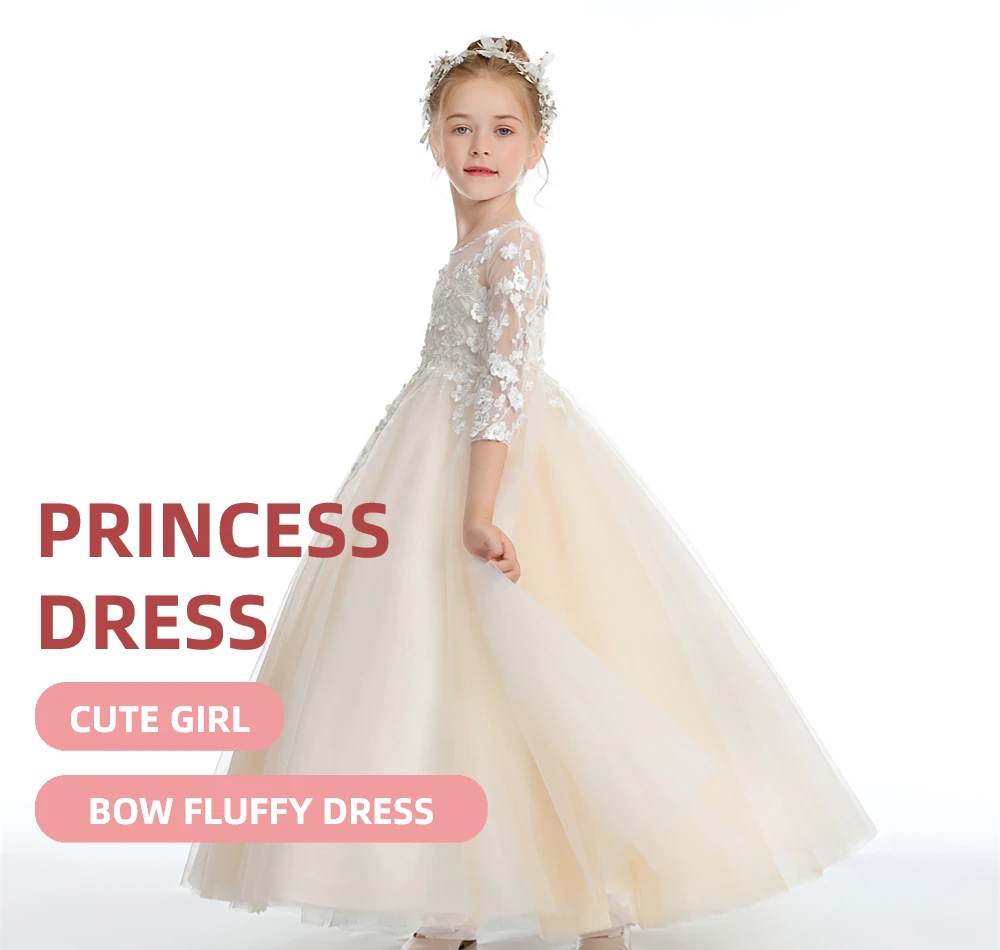 Puffy Tulle Appliques Baby Ball Gown Flower Girl Dresses Long Sleeve Princess Dress Wedding Party Dress First Communion