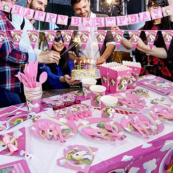 

New Unicorn Party Supplies Pink Rainbow Unicorn Decors Disposable Tableware Kit Unicorn Kids Birthday Unicornio Party Supplies