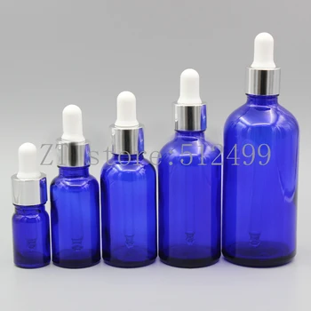

2/10pcs 5ml 10ml 15ml 20ml 30ml 50ml 100ml Empty Blue Glass Essential Oil Dropper Bottle with Light Silver White Glue Head Cover