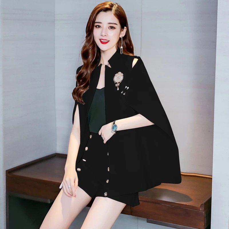 Female Cloak Jacket Spring Korean Mandarin Neck Office Lady Blazer Loose Elegant Women Cape Pearl Work Fashion Poncho Coat