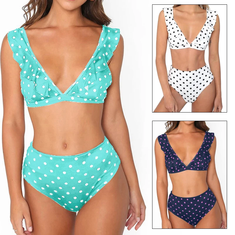 Купальный костюм для женщин и девушек, сексуальная пляжная одежда, бикини с высокой посадкой, с оборками, с высоким разрезом, в черный и белый горошек, для плавания, модная, полиэстер