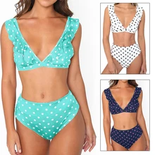 Купальный костюм для женщин и девушек, сексуальная пляжная одежда, бикини с высокой посадкой, с оборками, с высоким разрезом, в черный и белый горошек, для плавания, модная, полиэстер