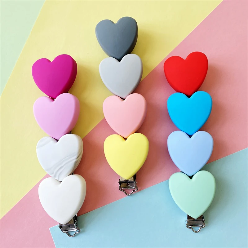 1pcs Silicone Heart-shaped Pacifier Clip Clasp No-Rusty Silicone Beads Baby Chew Dummy Chain DIY Adapter Easy to Attach 3