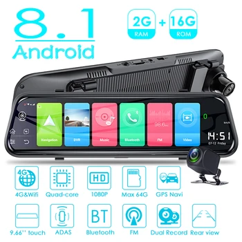 

Phisung Z55 Android 8.1 1080P Dashcam 4G WiFi FM GPS Recorder Bluetooch 9.66-inch IPS Touch Screen Rear View Camera Car DVR