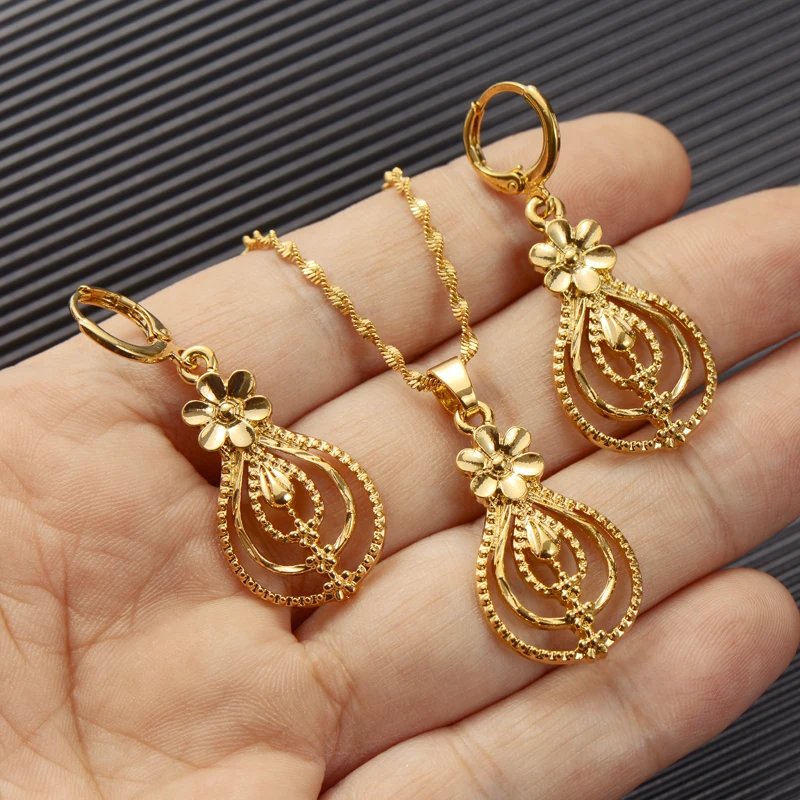 America Dubai Set Jewelry Necklace Pendant Earring Habesha Girl Gold Flower African Bridal Sets Best Gift Women | Украшения и