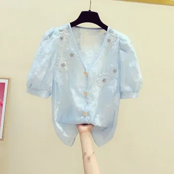 

embroidery beaded button women shirts 2020 summer new solid puff sleeved loose casual lady shirts outwear coat tops