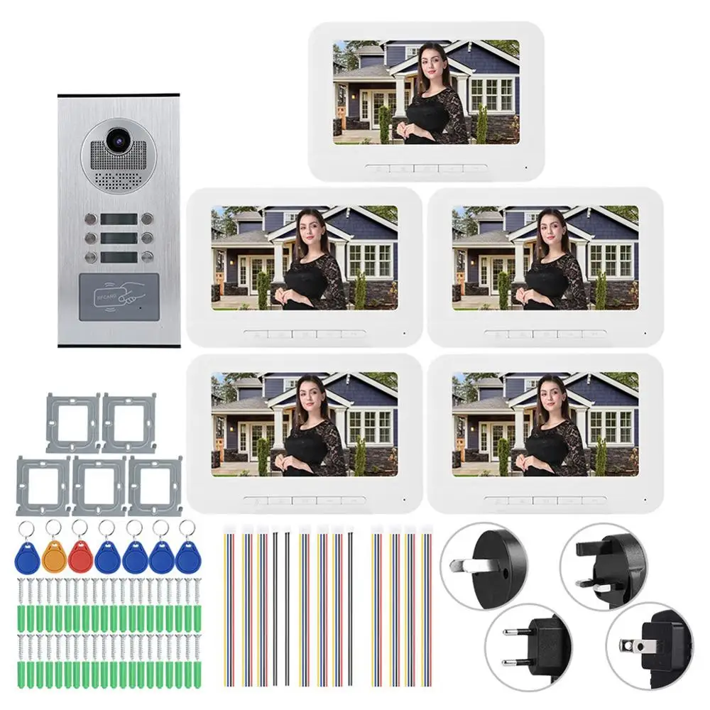 5 Apartments 7inches 1000TVL HD Video Door Phone Monitor Intercom Doorbell IR-CUT Camera