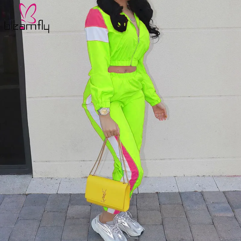 

2019 Spring Summer Women Patchwork Two Piece Set Long Sleeve Crop Top And Pants Outfits Sweat Suit Casual Tracksuits Plus Size