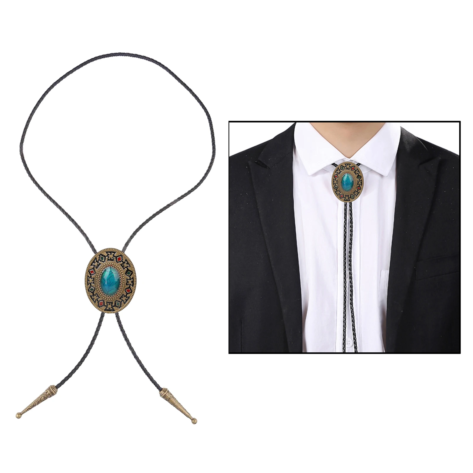 Fashion Mens Leather Turquoise Stone Bolo Tie Necklace Jewelry Retro Western Cowboy Mens Gifts Necktie Men Accessories