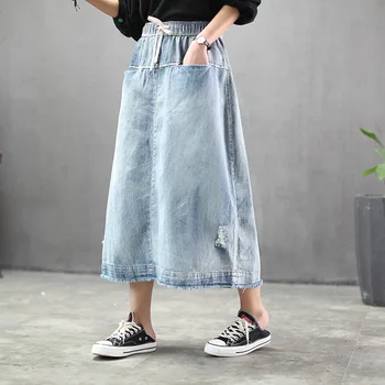 

Classic Cotton Denim Midi Skirts Women Autumn Oversize Loose Casual Ripped Pockets A-Line Skirt Female Elastic Waist Drawstring