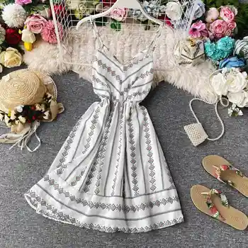 

Holiday Korea V-neck Open Back Cross High Waist Slim A-line Chiffon Dress Women Sleeveless Print Sexy Vestidos