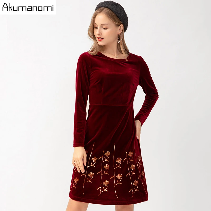 

Autumn Velvet Velour Sequined Dress Women Plus Size O-neck Full Sleeve Brown Spring Casual Office Party Mini Dress Robe Vestidos