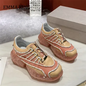 

2020 Designer Women Sneakers Genuine Leather Clear Sole Casual Platform Shoes Women Cross-Tied Walking Shoes Vulcanized Shoes 45