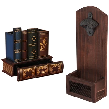 

1x Retro Wooden Pen Holder Book Shape Wood Craft & 1Pcs Creative Retro Wall Opener Bar Beer Glass Bottle Bottle Opener