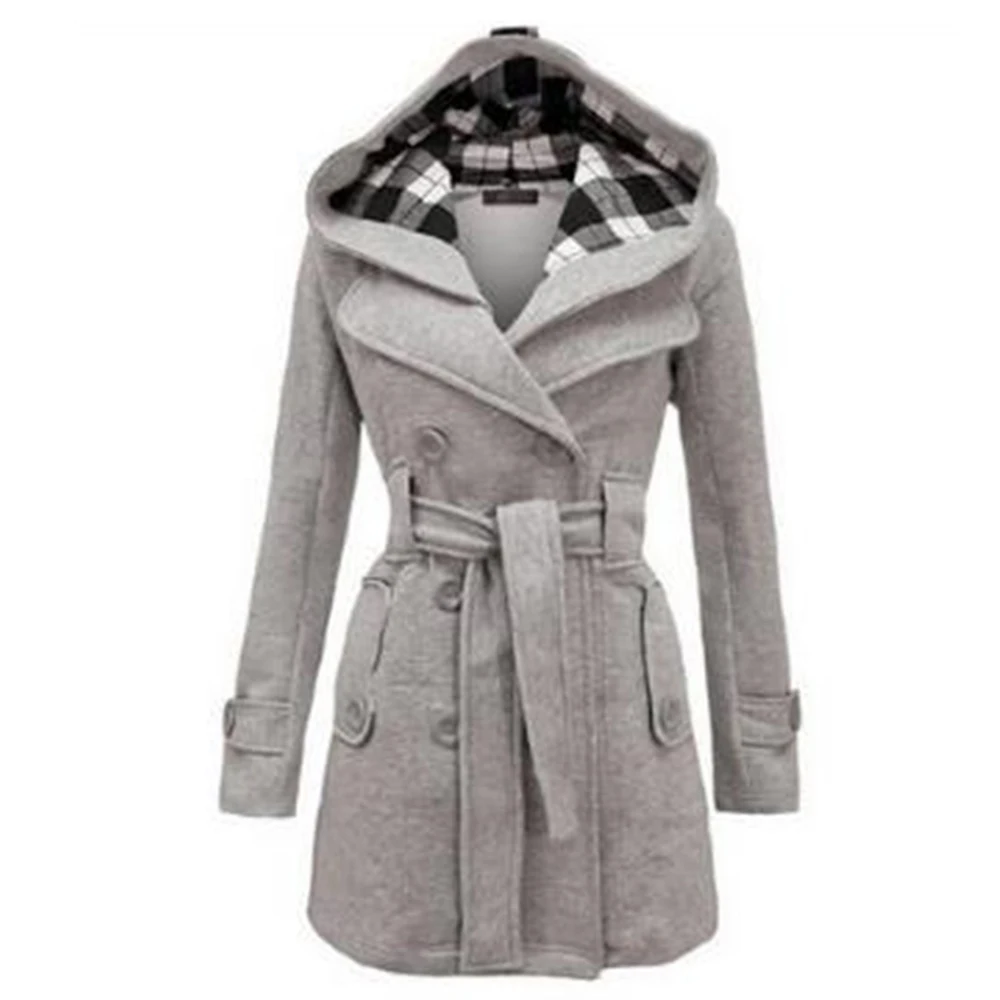 Зимнее женское пальто с капюшоном, приталенное двубортное плотное теплое пальто, осенняя хлопковая Смешанная Повседневная Женская однотонная куртка
