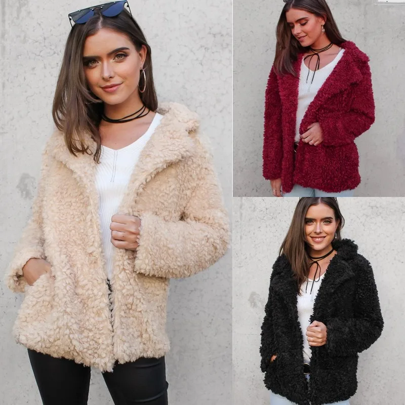

2019 autumn and winter teddy coat thick long-sleeved female jacket plush winter jacket women pocket lapel jacket female