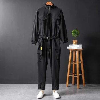 

Spring and autumn men's British casual jumpsuit hooded beam feet overalls black hip-hop stage singer jumpsuit